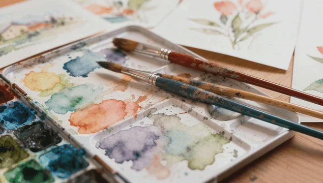 테이블 위의 마른 수채화 팔레트와 붓