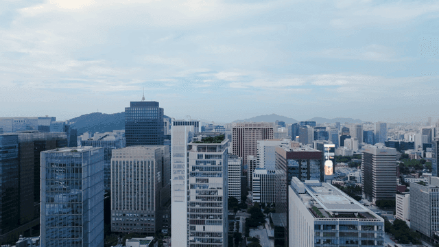 Bustling city skyline with tall buildings