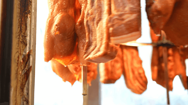 Duck skewers grilled while rotating on grill