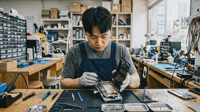 Technician repairing a smartphone in a workshop