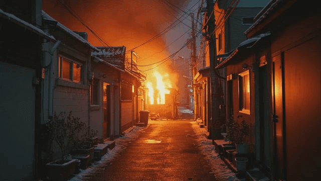 좁은 골목에서 불이 난 건물