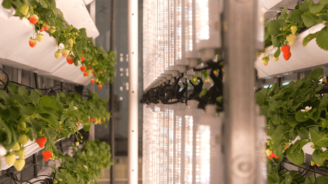 Indoor vertical farm with strawberries