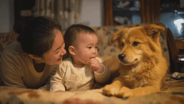 엄마와 아기가 강아지와 교감하는 모습