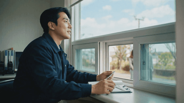 Security guard sitting by window of guardhouse reading work log
