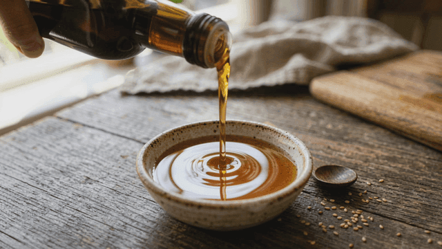 Sesame oil being poured from bowl