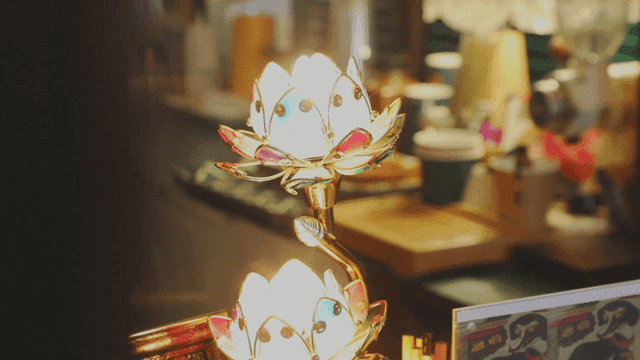 Decorative lotus-shaped lamp glowing