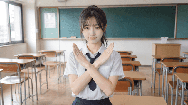 교실에서 X 제스처를 하는 여학생