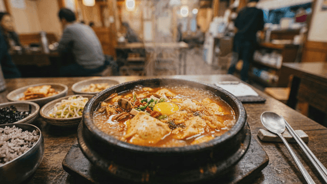Soft tofu stew boiling in restaurant