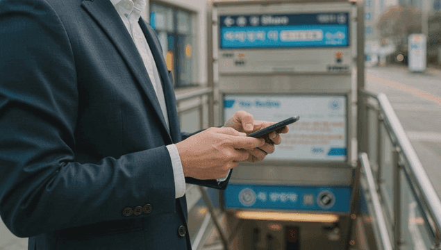 지하철 입구에서 스마트폰을 사용하는 정장 입은 남성