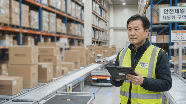 Automated warehouse worker holding tablet