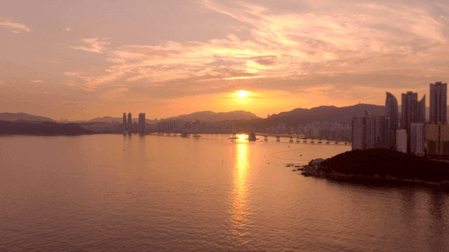 도시 스카이라인과 다리 위의 일몰