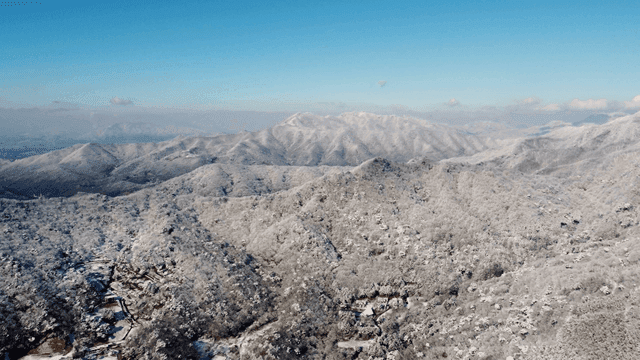 Snow-covered mountains under a clear sky