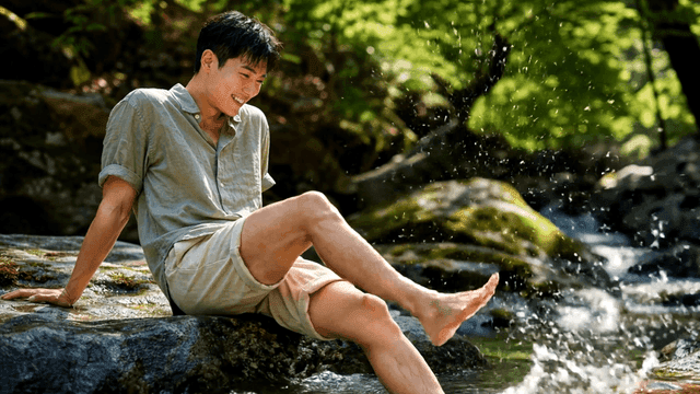 자연 속 시원한 계곡을 즐기는 남자