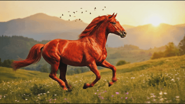 Red horse running in sunny meadow