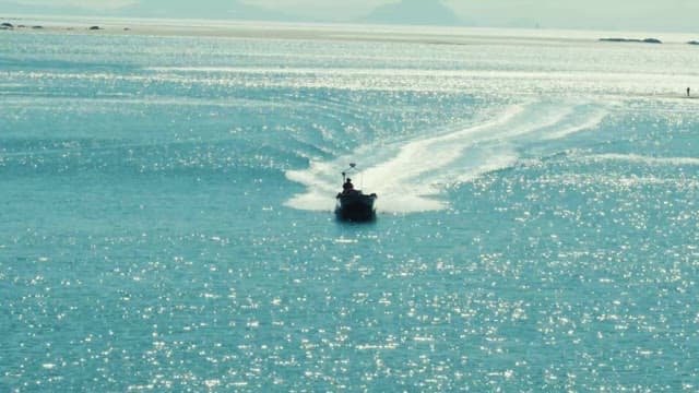 반짝이는 물 위를 달리는 스피드보트