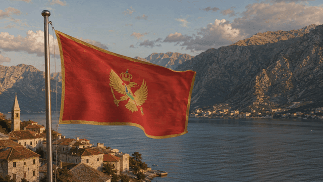 Montenegrin flag showing mountains and sea