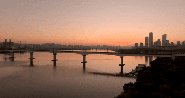 Sunset over a city skyline and river