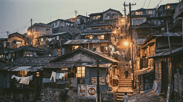 1970s shantytown on hill lit up at sunset