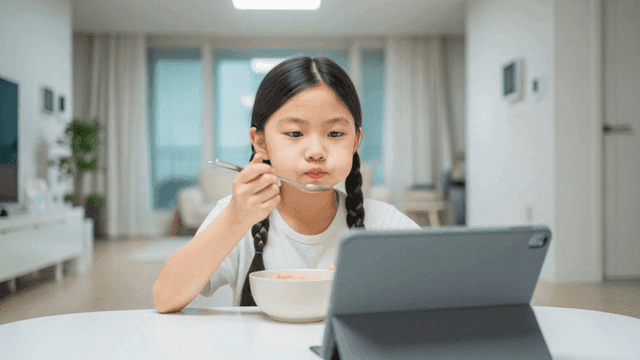 태블릿을 보며 시리얼을 먹는 여자 아이