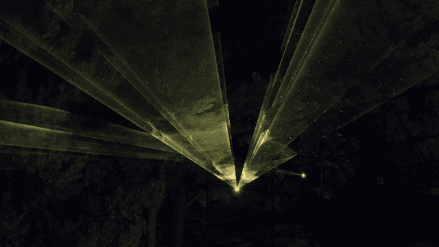 Colorful laser lights in a dark forest