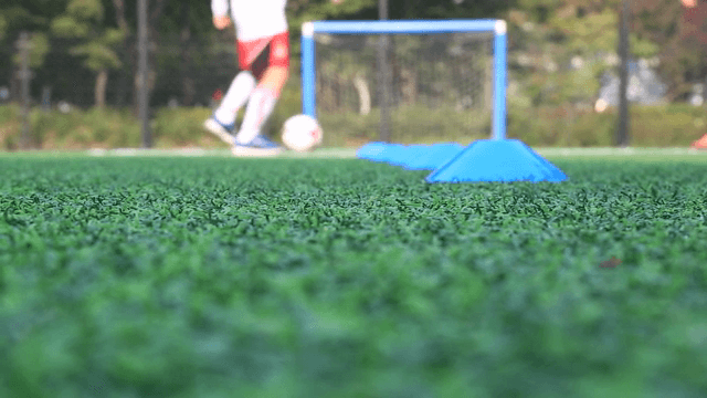 필드에서 콘을 이용한 축구 훈련