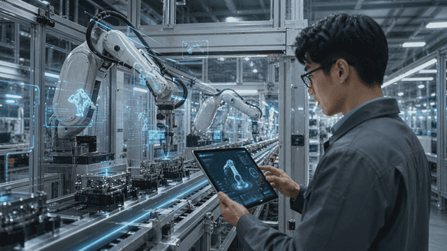 Engineer monitoring robotic arm in factory