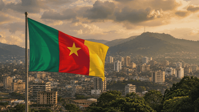 City skyline with Cameroonian flag flying