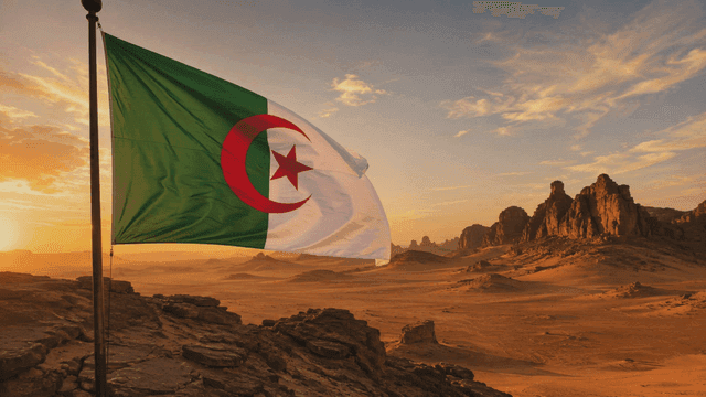 Algerian flag fluttering in desert at sunset