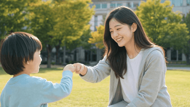 Woman and child exchanging fist bumps in park