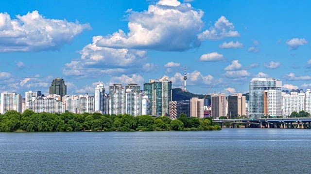 City skyline with a river and clear sky