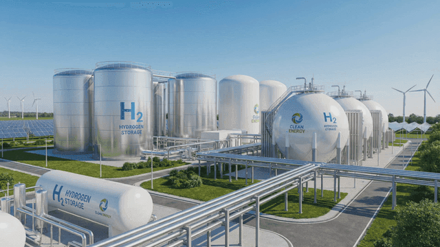 Hydrogen storage facility with wind turbines