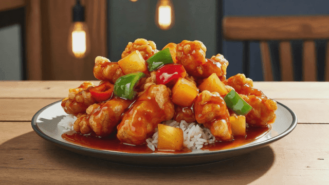 Sweet and sour pork with rice on a plate