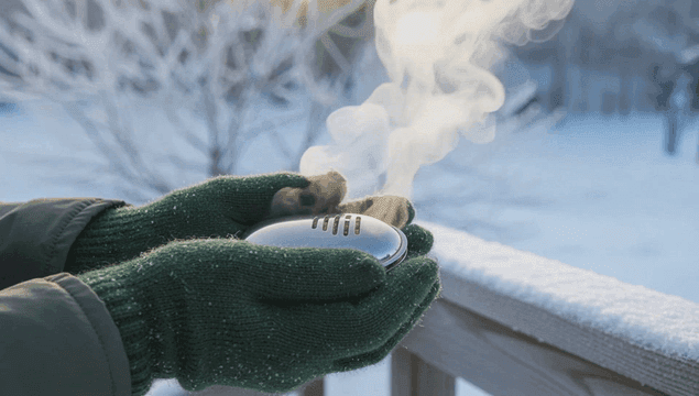 겨울에 손난로로 손을 데우는 모습