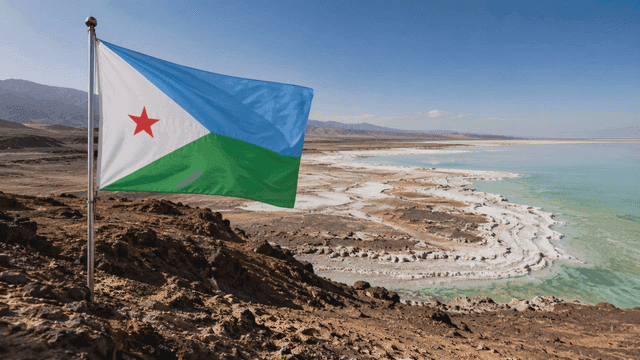 Djibouti flag fluttering beside scenic salt lake