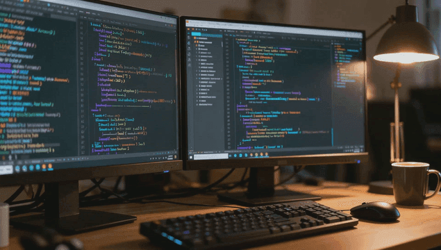 어두운 방에서 프로그래밍 코드가 표시된 듀얼 모니터