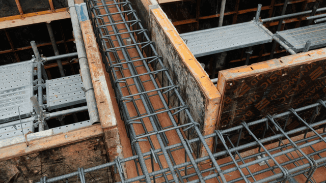 Reinforced steel bars at a construction site