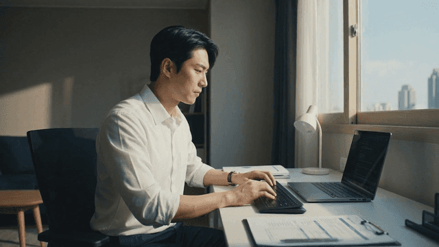 Man working on a laptop by the window