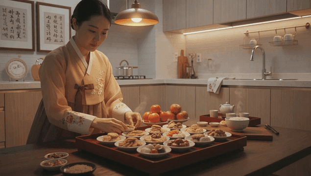 Woman in hanbok preparing traditional food