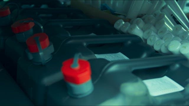 정렬된 빨간 뚜껑의 기름통과 흰색 양초들