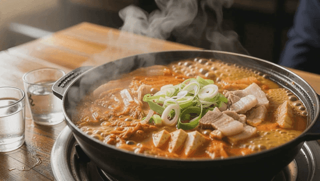 Kimchi stew boiling in a pot