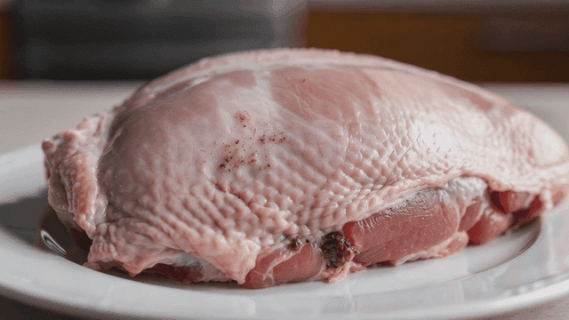 Raw turkey breast on a white plate