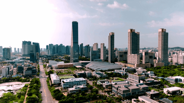 Modern city skyline with tall buildings