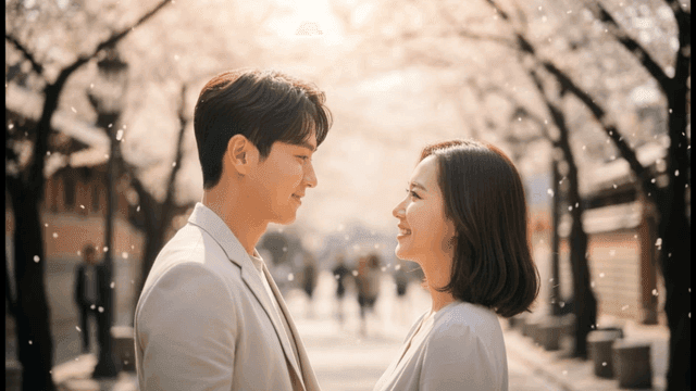 벚꽃이 떨어지는 길거리에서 서로를 바라보는 커플