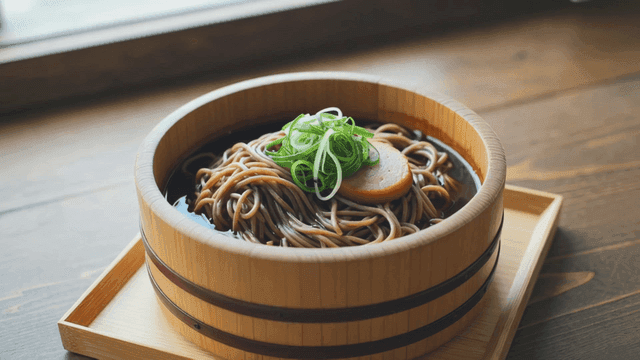 Soba noodles in a wooden bowl with garnish
