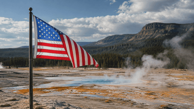 American flag waving in a geothermal area