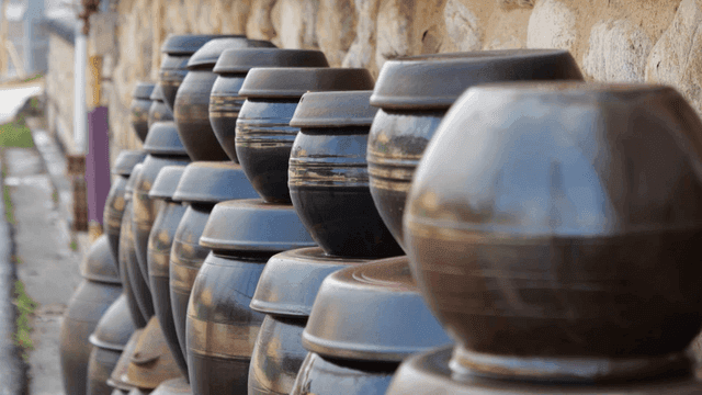 Traditional Korean jars lined up