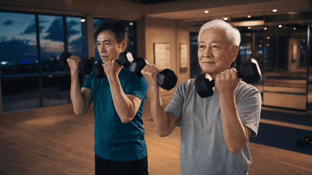 Two men doing dumbbell exercises at gym