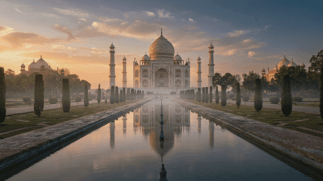 Taj Mahal in fog at sunrise
