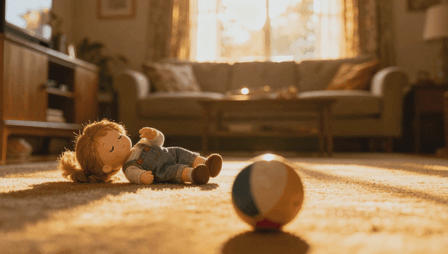 햇살이 비치는 카펫 위의 움직이는 인형과 공