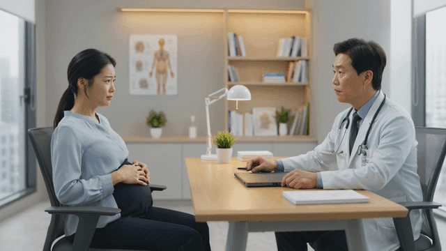 Pregnant woman consulting with doctor